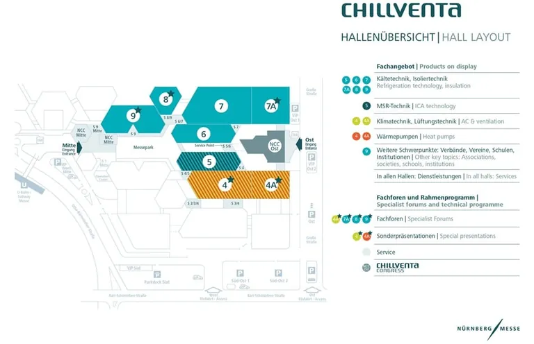 Hallenplan zur Chillventa mit Fachangebot, Fachforen und Rahmenprogramm.