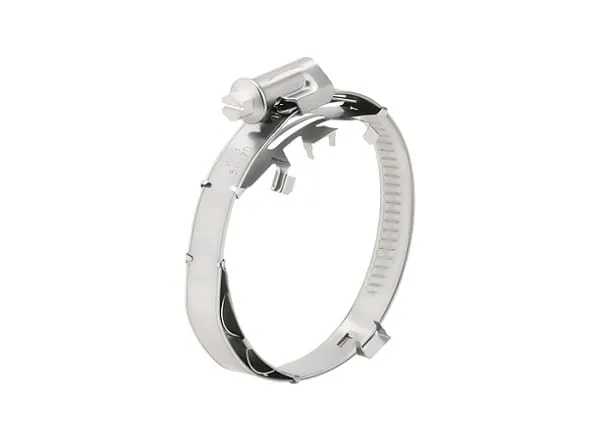 Eine Torro-Schlauchschelle mit PreFix-System: Die Blechbrücke unter dem Schraubengehäuse in Kombination mit dem Clip auf dem Schellenband ermöglichen eine einfache und zuverlässige Montage.