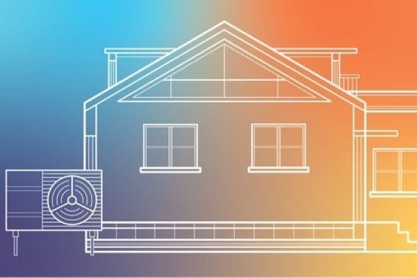 Grafik , technische Zeichnung Einfamilienhaus und Monoblock-Wärmepumpe