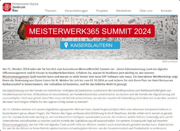 Am 15. Oktober 2024 lädt das Mittelstand-Digital Zentrum Bau zum MeisterWerk365 Summit nach Kaiserslautern ein.