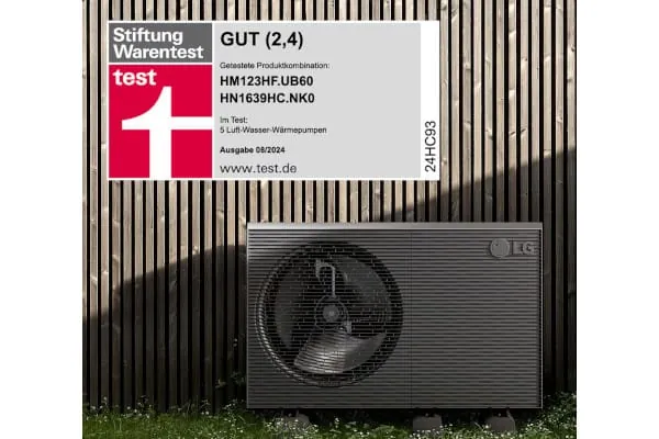 Die Luft-/Wasser-Wärmepumpe Therma V R290 von LG hat von der Stiftung Warentest die Gesamtnote „Gut (2,4)“ erhalten.