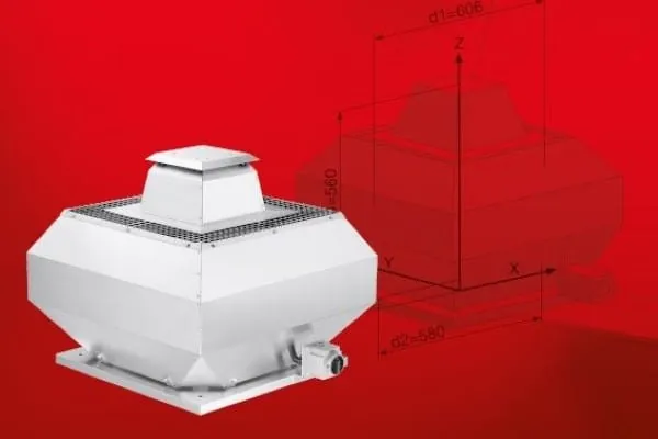 Helios Dachventilator vor roten Hintergrund mit Grafik technischer Zeichnung des Ventilators