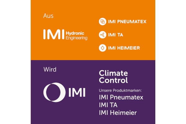 Von Orange zu Lila: IMI Hydronic Engineering ist jetzt IMI, die vertrauten Produktmarken IMI Pneumatex, IMI TA, IMI Heimeier werden im Unternehmenssektor Climate Control zusammengefasst.