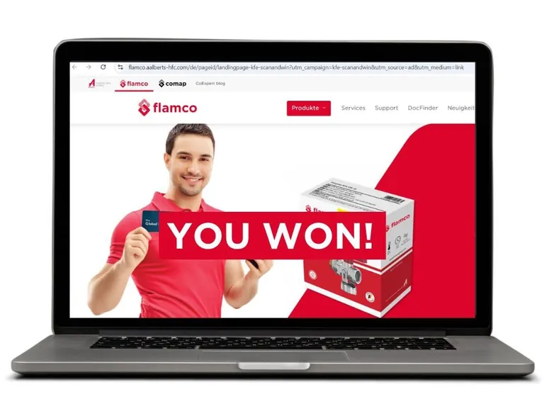 Laptop mit Bildschirmanzeige Gewinnspiel Flamo zu KFE-Kugelh&auml;hnen