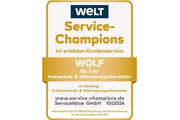 Wolf hat 2024 in der gr&ouml;&szlig;ten deutschen Service-Umfrage erneut das Gold-Siegel als bester Heiztechnik- und W&auml;rmepumpenhersteller gewonnen.