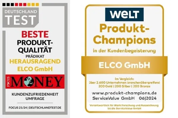 Zwei Qualitässiegel: Deutschland Test: beste Produkt-Qualität mit "Herausragend" und Produkt-Champions Kundenbegeisterung in "Gold"“