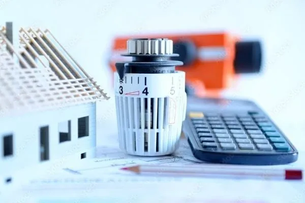 Symbolbild f&uuml;r energetische Sanierung mit Modell Einfamilienhaus, Heizk&ouml;rperthermostat und Handy, Gegenst&auml;nde liegen auf einem Bauplan