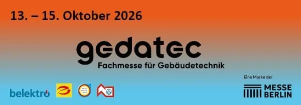 Grafik mit Hintergrund orange-blau inneinander &uuml;berlaufend. Schriftzug deatec Fachmesse f&uuml;r Geb&auml;udetechnik