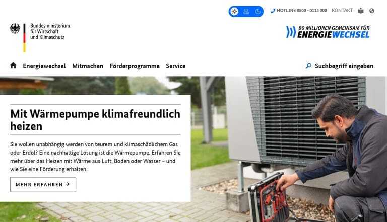 Screenshot Serviceseite des BMWK zum Heizungswechsel. Das Miniterium empfiehlt den Einbau von Wärmepumpen.