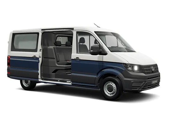 Sehr flexibel &ndash; der Crafter als Kastenwagen &sbquo;Plus&lsquo;: Crafter-Variante zur Bef&ouml;rderung von f&uuml;nf bis sieben Personen bei gleichzeitigem Transport von viel Material.