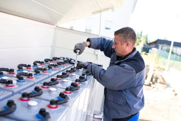 Installateur baut Heimspeicher ein.