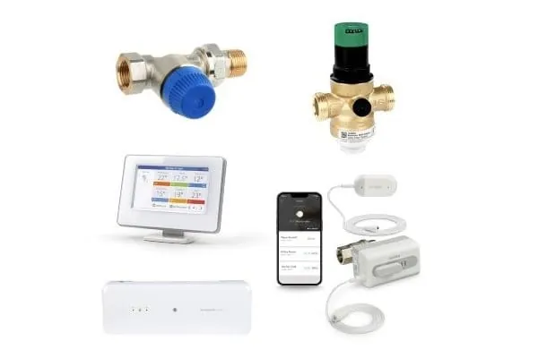 Foto von ausgewählten Resideo-Produkten: Thermostatventil Resideo, Druckminderer Braukmann, Rgelsystem für Heizung, Resideo App