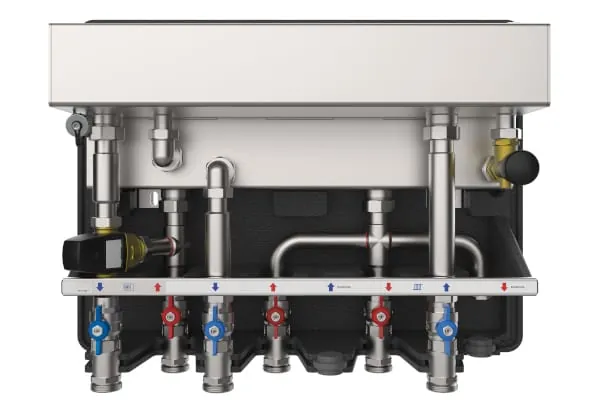 Das Daikin EasyConnect Kit dient als hydraulisches Bindeglied, um W&auml;rmepumpen dank werkseitig vorinstallierter Komponenten effizient und unkompliziert in bestehende Heizkreise zu integrieren.