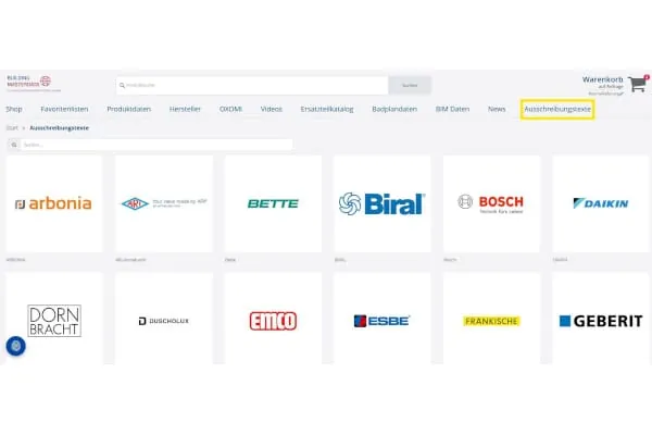 Über die Navigation gelangen die Nutzer von Building-Masterdata.com jetzt zu den Ausschreibungstexten der Markenhersteller.