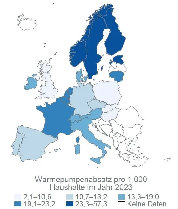 Grafik mit Landkarte Europa zeigt farblich abgegrenzt die Absatzzahlen von W&auml;rmepumpen