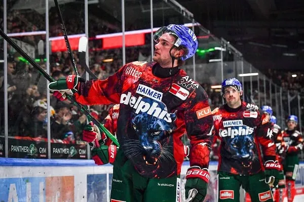 Das delphis-Logo auf den Trikots der Augsburger Panther.