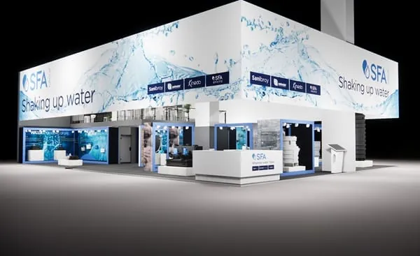 Messestand der SFA in Halle 9, Stand E42: SFA präsentiert ein umfassendes Portfolio für alle Phasen des Wasserkreislaufs.
