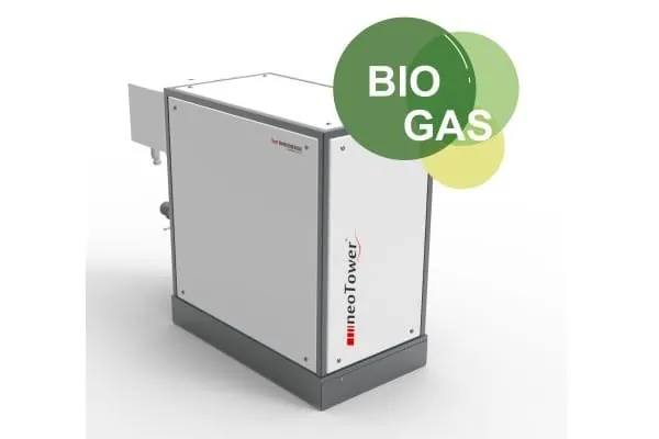 BHKW Modell neoTower mit runder, gr&uuml;ner Grafik f&uuml;r Biogas