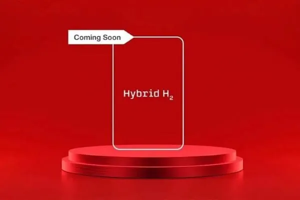 Überwiegender roter Hintergrund mit Rechteck hochkant mit weißem Rahmen in der Mitte Schrift Hybrid H2 und weißer Pfeil mit Beschriftung Coming Soon