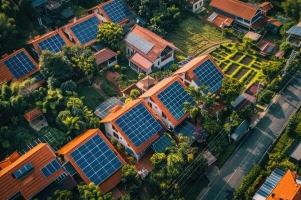 Luftbildaufnahme Einfamilienhäuser mit PV-Dächern