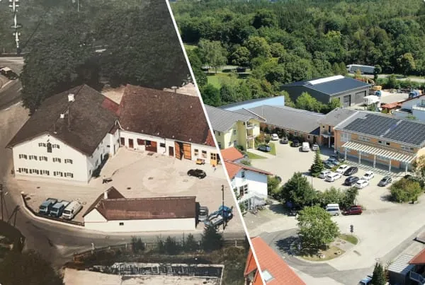 Seit 45 Jahren entwickelt Meltem Lüftungslösungen für Wohnungen, Hotels, Büros und öffentliche Gebäude: Der Gründungsstandort in Gilching und die Firmengebäude in Alling (v. l.).