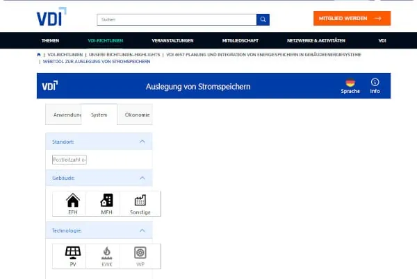 Das in Anhang A der VDI 4657 Blatt 3 beschriebe Webtool zur Auslegung von Stromspeichern ist kostenlos verf&uuml;gbar.