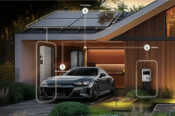 Grafik Einfamilienhaus aus Holz und ge&ouml;ffnete Garage: mit eingezeichneten d&uuml;nnen wei&szlig;en Linien um Stromspeicher, PV-Module auf dem Dach der Garage und Wallbox an der Holzfassade des Wohnhauses.