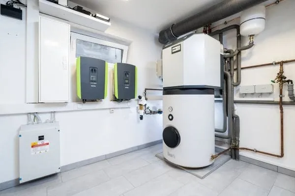 Keller Einfamilienhaus mit wei&szlig;en W&auml;nden. An der Wand zwei Wechselrichter, EMS. Daneben steht die Inneneinheit einer W&auml;rmepumpe, angeschlossen an das Heizungssystem