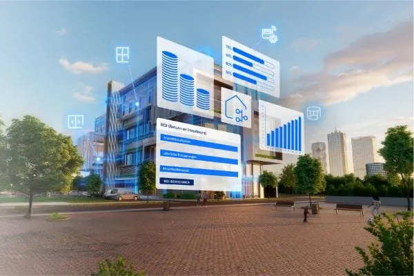 Grafik mit Gebäude davor abgebildet Bildschirmdarstellung Amortisationsrechner.