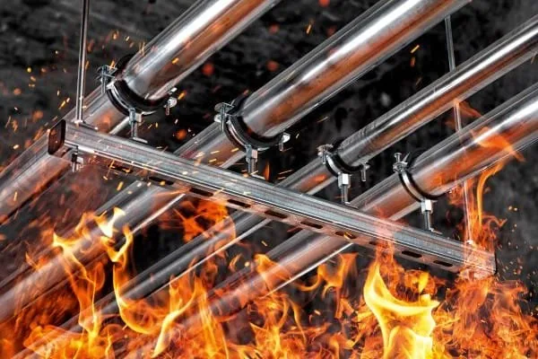 Grafik: Auf Konsole gelagerte Rohrleitungen an der Decke, darunter Flammen