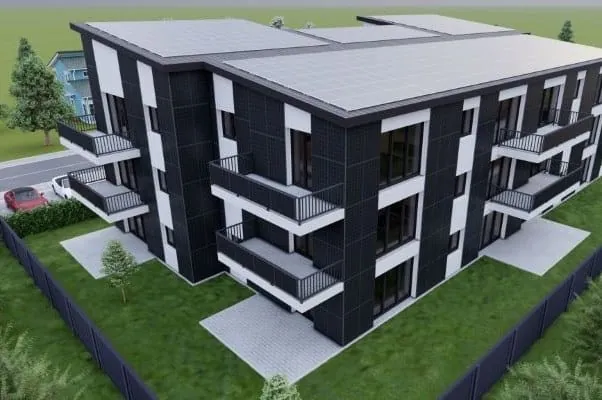 Rendering-Modell Mehrfamilienhaus, 3 Geschosse, mit PV-Fassade und PV-Dach