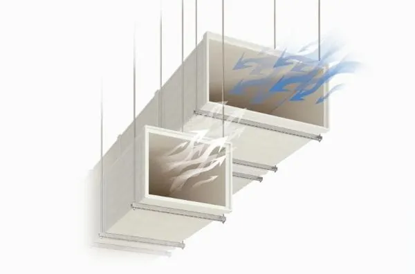 Grafik Entrauchungskanal und Frischluftkanal übereinander mit Pfeilen Strömungsrichtung