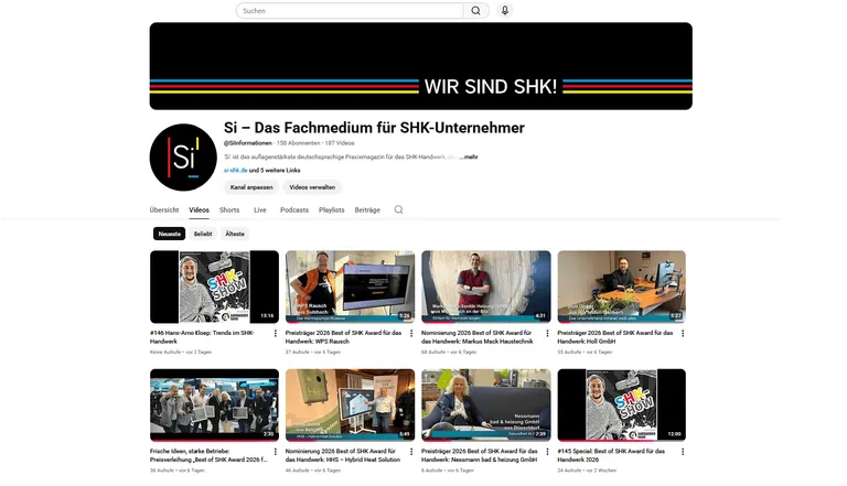 Videos der Best of SHK Awards 2026 im Handwerk. Screenshot https://www.youtube.com/@SiInformationen (Stand 12.04.2026)