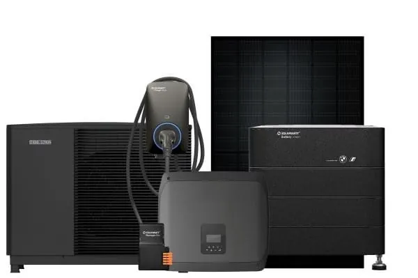 Alle Ger&auml;te in schwarz: Luft-/Wasser-W&auml;rmepumpe, Wallbox, EMS Wechselrichter PV-Modul und Stromspeicher