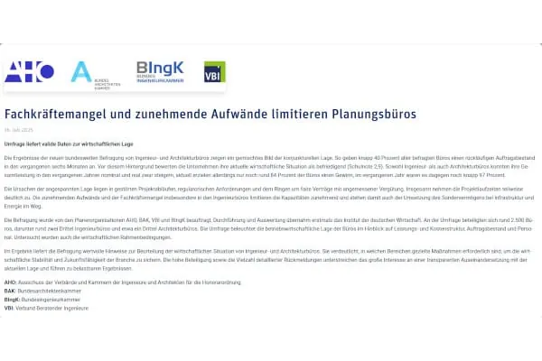 Die wirtschaftliche Lage in Ingenieur- und Architekturb&uuml;ros wurde in einer Umfrage im Auftrag von AHO, BAK, VBI und BIngK untersucht.