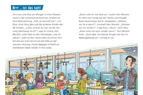 Eine Doppelseite aus dem neuen Pixi Wissen-Buch &bdquo;Die Energiesparf&uuml;chse und die neue Heizung&ldquo;.