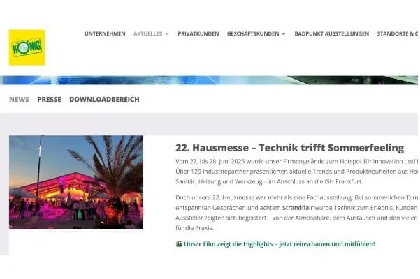 Screenshot Website: Mit der Mischung aus Fachkompetenz, innovativen Produktneuheiten und sommerlicher Beach-Atmosph&auml;re wurde die Eugen K&ouml;nig Hausmesse Ende Juni in Koblenz zum Publikumsmagneten.