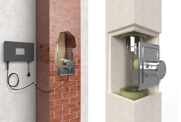 Grafik mit zwei Schornsteinen (gemauert und Leichtbau) mit eingebauten Feinstaubpartikelabscheider (transparent dargestellt)