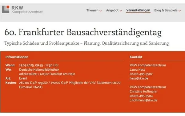 Screenshot Bausachverständigentag: Die Veranstaltung ist eine wichtige Plattform für Fortbildung, Erfahrungsaustausch und Vernetzung – unterstützt von renommierten Partnern aus Bau, Forschung und Versicherungen.