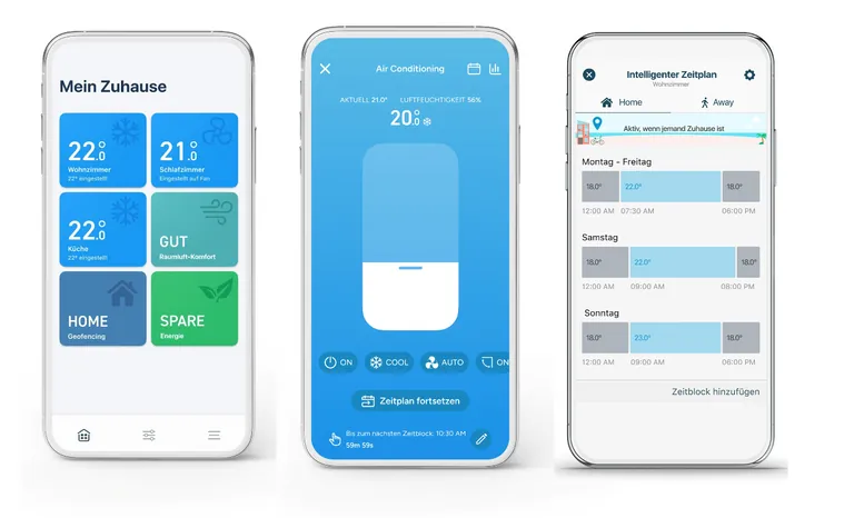 3 Handys nebeneinander mit Anzeige tado-App