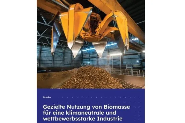 Screenshot Cover des Dossiers mit Foto gelber Greifarm über Hackschnitzelhaufen im Brennstofflager