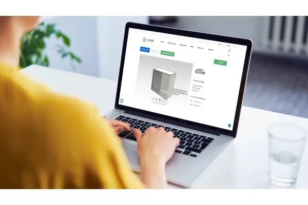 Mithilfe des 3D-Viewers k&ouml;nnen Produkte dreidimensional betrachtet, relevante Produktdetails angezeigt und die BIM-Daten in &uuml;ber 30 CAD-Formaten heruntergeladen werden &ndash; wie hier am Beispiel der x-change dynamic pro Luft-/Wasser-W&auml;rmepumpe von Kermi zu sehen.