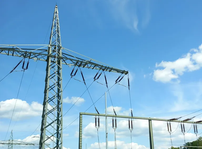 &Uuml;berland-Stromleitungen vor blauen Wolkenhimmel