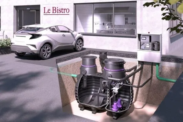 Grafik mit Schnittbild unterirdischer Fettabscheider unter Stra&szlig;endecke. Umgebungsmilieu Auto vor Bistro