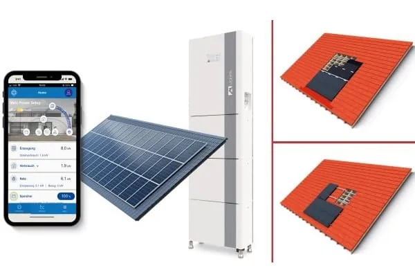 Zusammengesetzte Grafik mit PV-Dach, Stromspeicher, Handy mit EMS und Dachfotos Indach- und Aufdachmontage