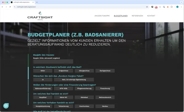 Im Budgetplaner gibt der Kunde gezielte Informationen zu seiner Wohnung und zu seinem Wunschbad ab.
