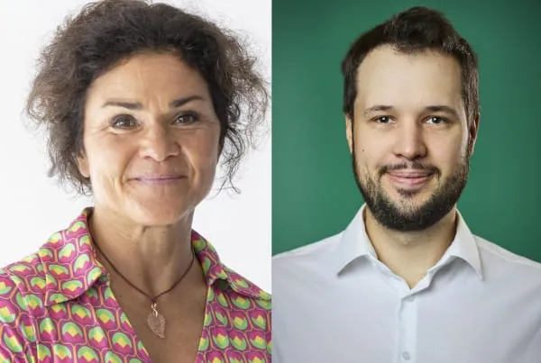 Laura Lammel, Geschäftsführerindes BauunternehmensLammel Bau und Obermeisterinder Bauinnung München-Ebersberg, und Matthias Börsig, Spezialist für IT- und IoT-Sicherheit,digitale Forensik, maschinellesLernen und KI am FZI ForschungszentrumInformatik inKarlsruhe.