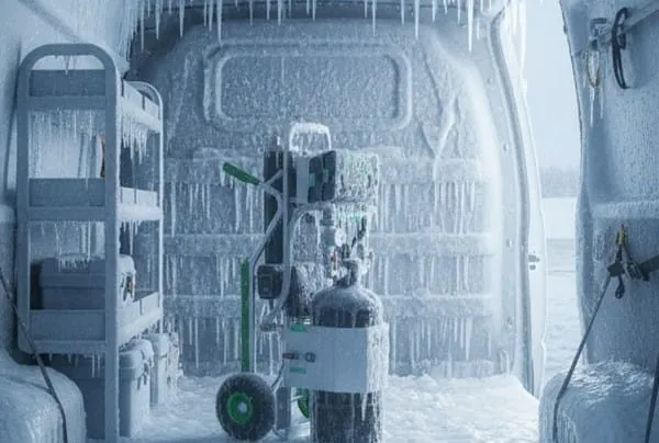 Symbolfoto mit KI: Eingefrorene Nachspeiseinheit in einem ein gefrorenen Laderaum eines Firmenfahrzeugs. Viele Eiszapfen