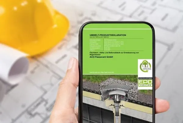 Handy-Bildschirm mit Anzeige EPD-Umweltdeklaration Flachdachablauf