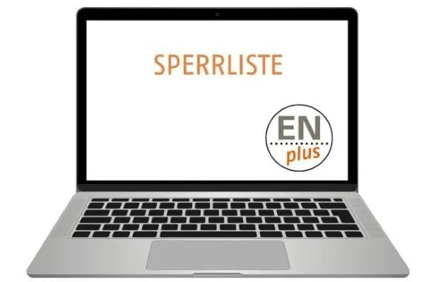 Grafik Laptop mit Screen, auf dem "Sperrliste ENplus" angezeigt wird.